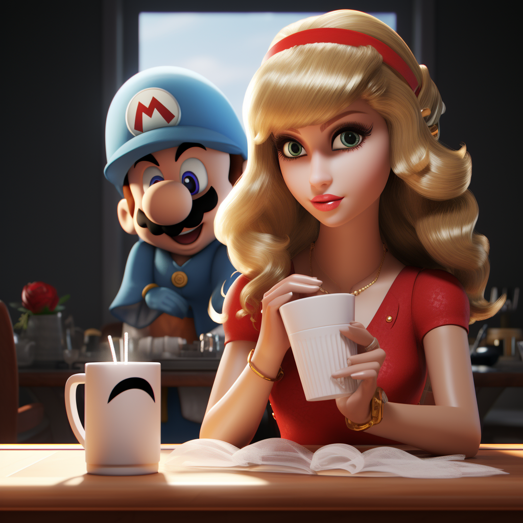 3D cartoon Taylor Swift drinking tea with Nintendo's Mario