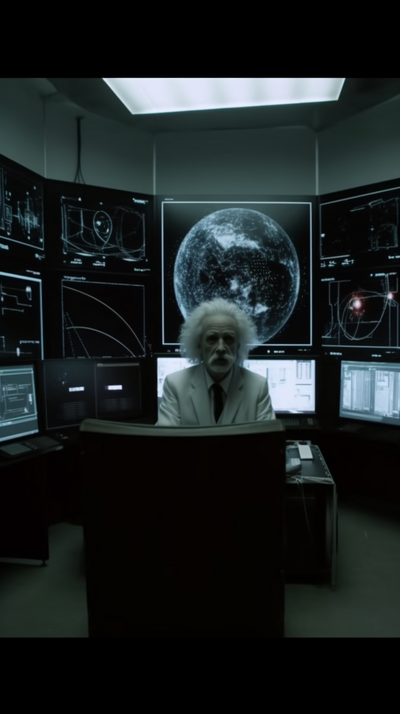 Einstein contemplating video buffering in digital analysis chamber