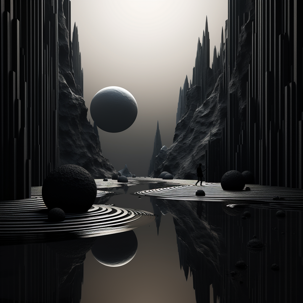 Serene 3D fantasy scene with minimalistic black design