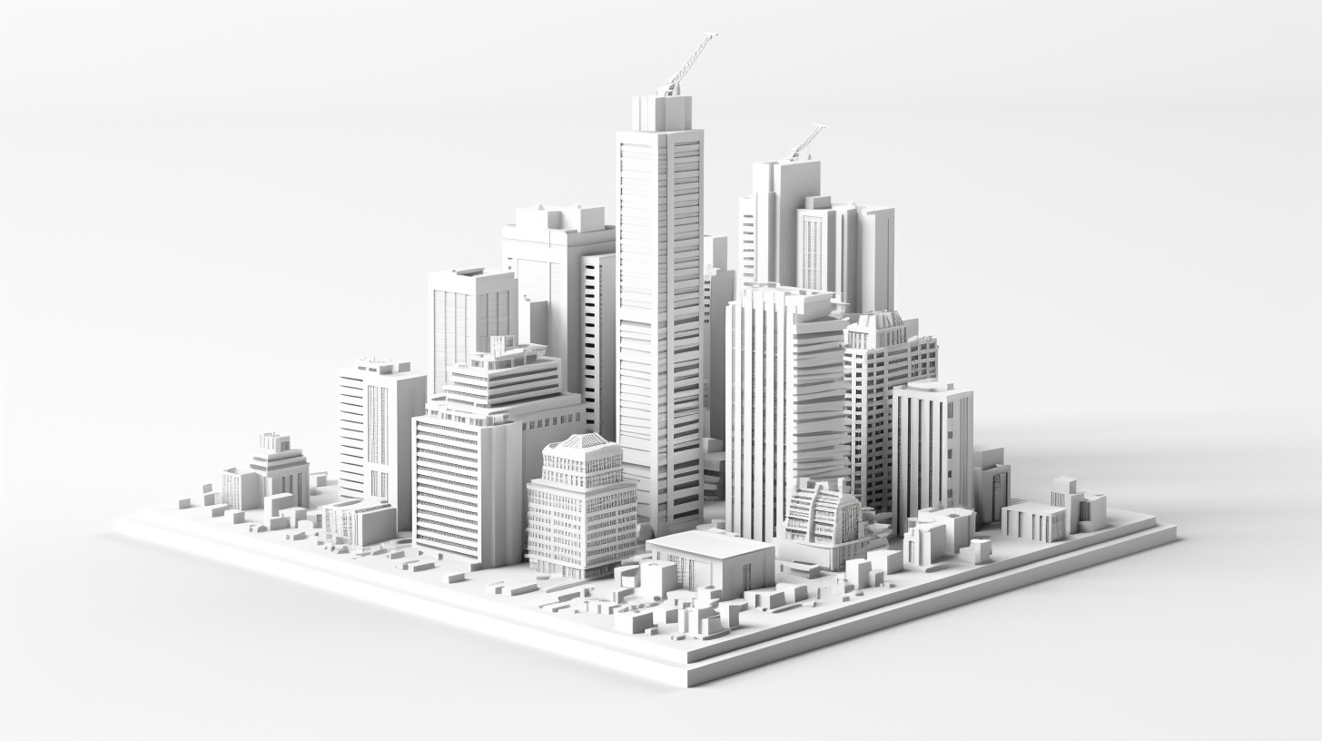 Impressive 3D skyscraper with surrounding smaller buildings