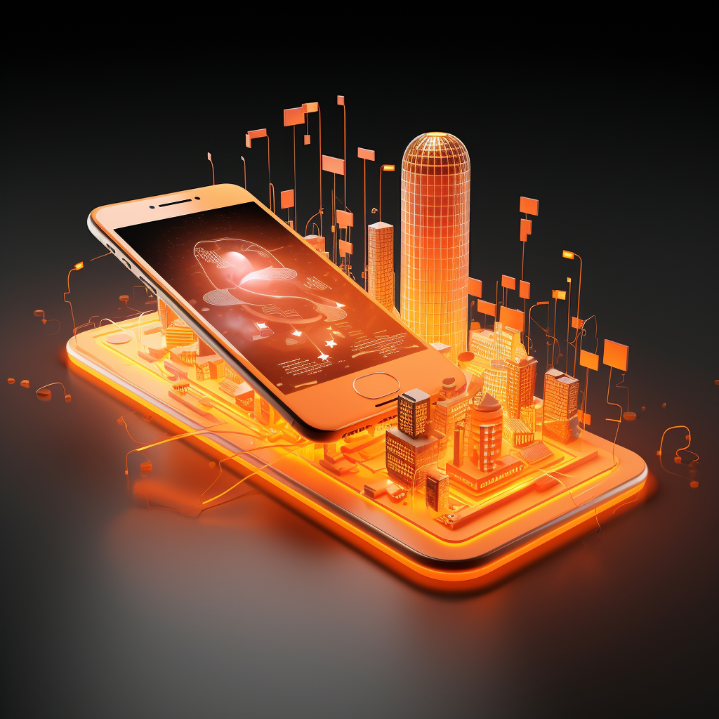 3D Smartphone Perspective with Orange Lights and Shapes