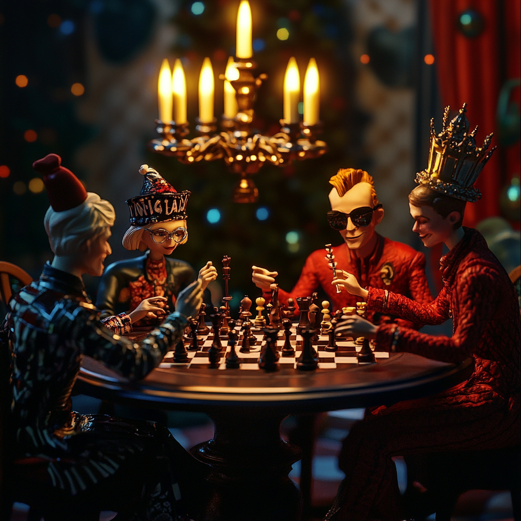 4 models in costumes play 3D chess intensely.