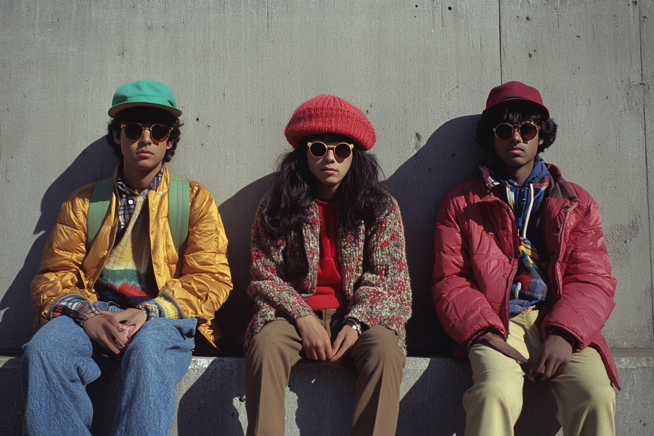 4 nerdy teenagers sit on concrete wall in industrial space.