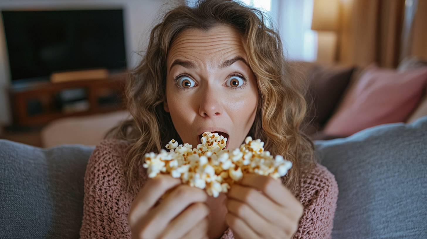 40 year old artsy mom shocked eating popcorn.