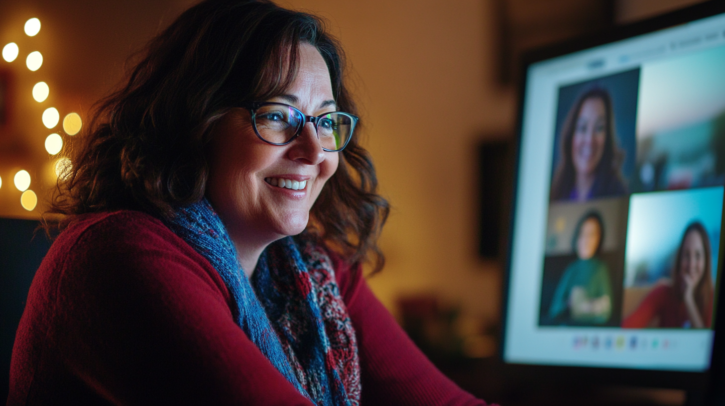 40-year-old lesbian woman smiling, engaging in virtual meeting.