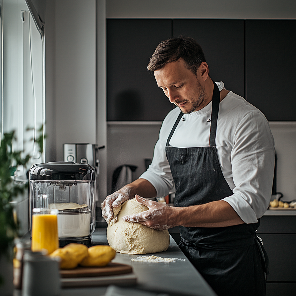 40-year-old man puts frozen bread dough in machine.