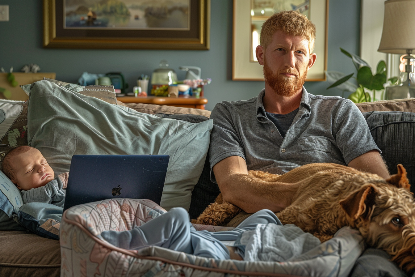 40-year-old man with beard, laptop, baby, dog, nice house.