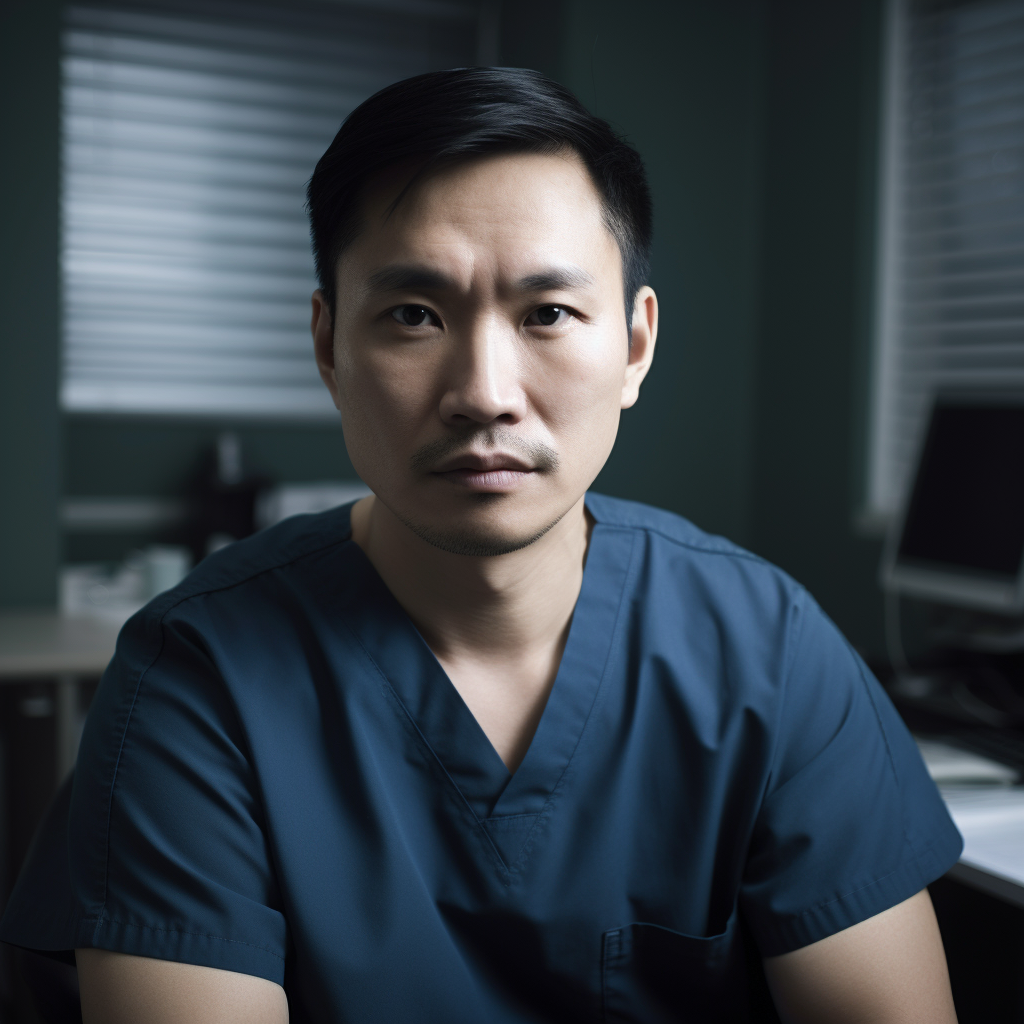 Handsome Chinese Male in Scrubs at Clinic