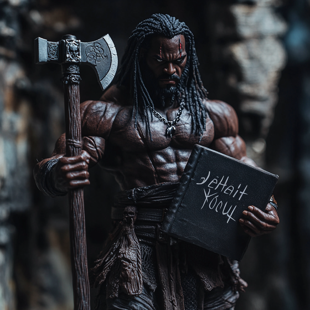 40mm Viking god, African features, long black hair, notebook.