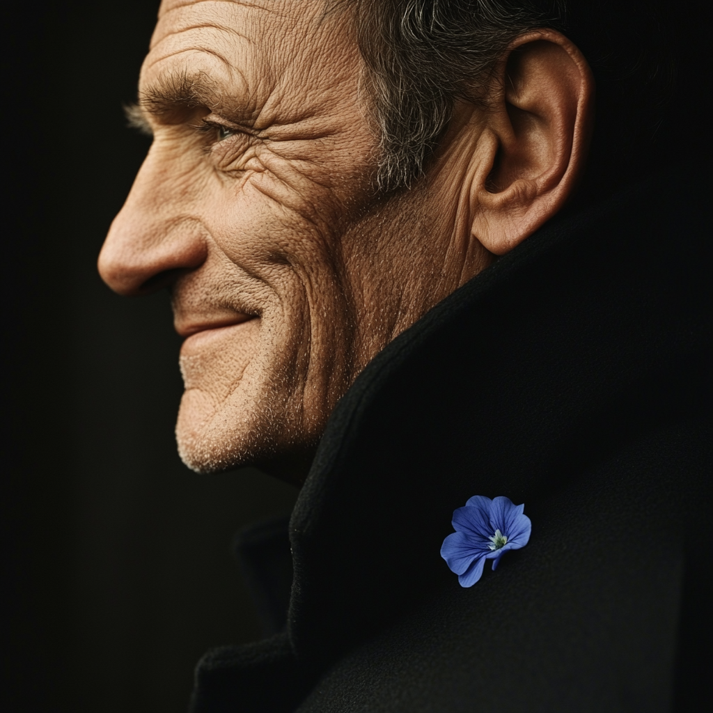 45-Year-Old Man in Black Coat with Cheeky Smile 