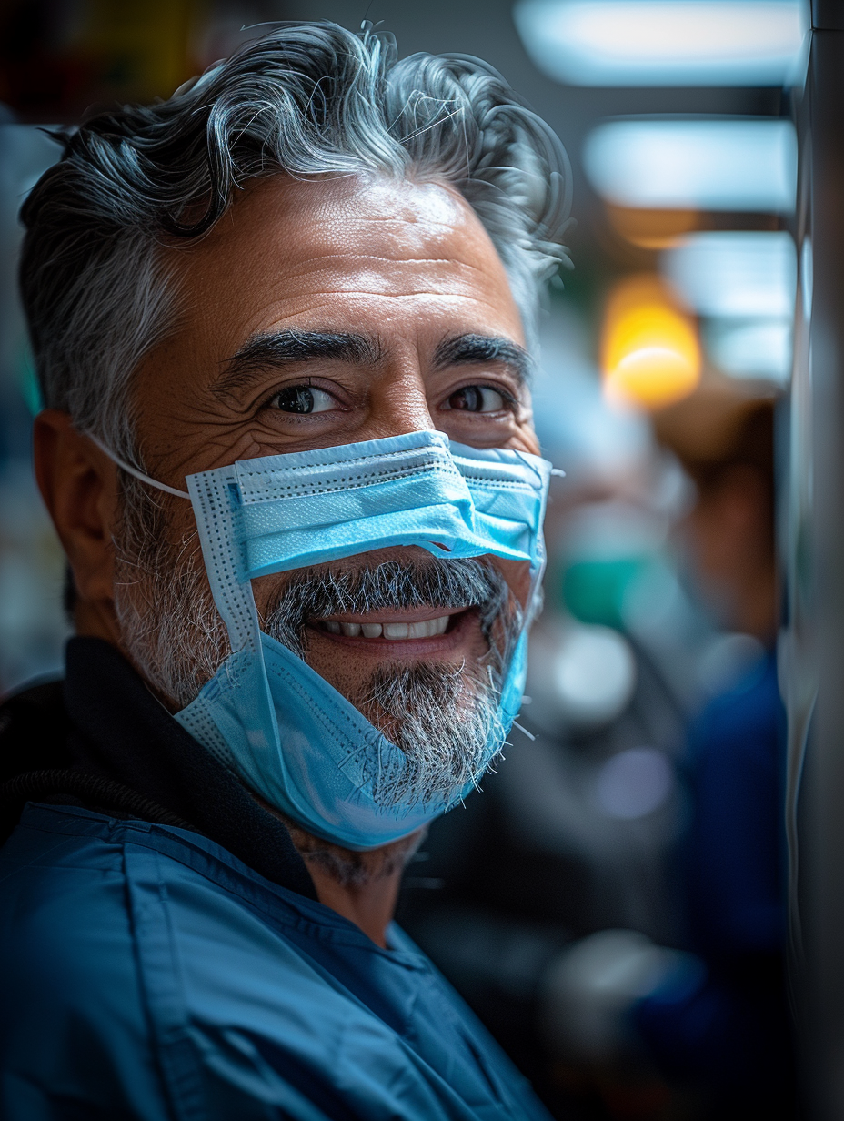 45-year-old male nurse smiling in mask, taking selfie. Canon camera with 5.2 aperture. Mirror, camera settings displayed.