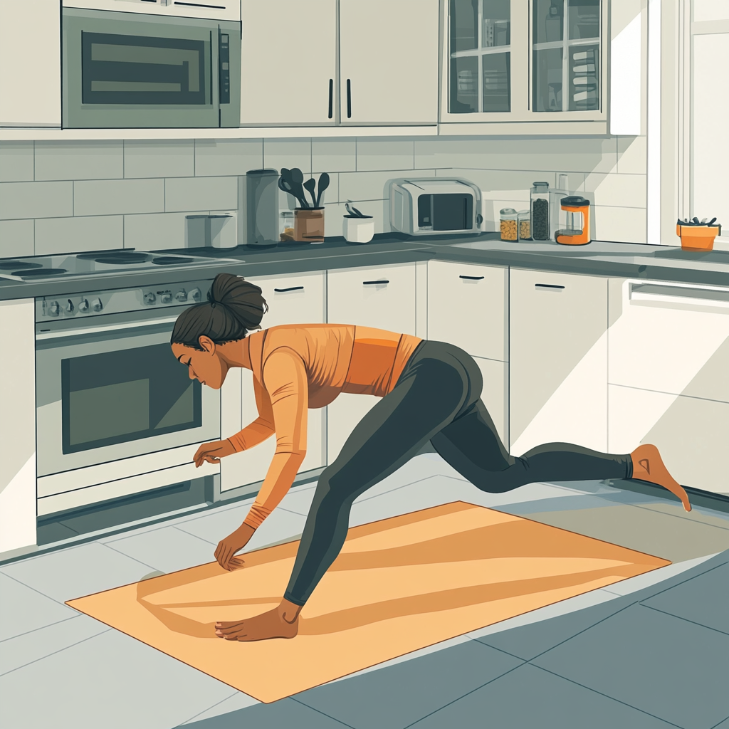 45-year-old woman in tights planking in kitchen.