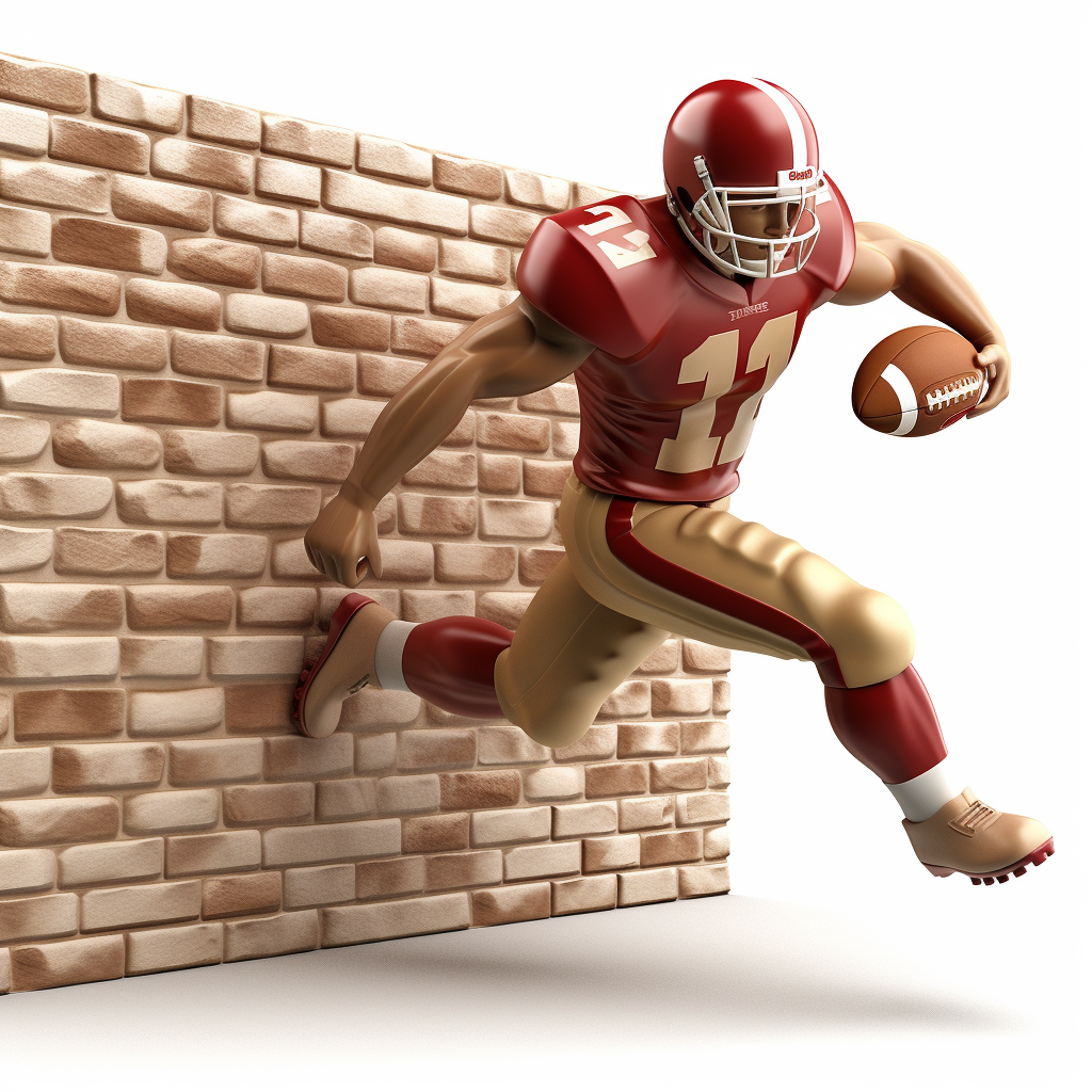 49ers football player breaking through brickwall