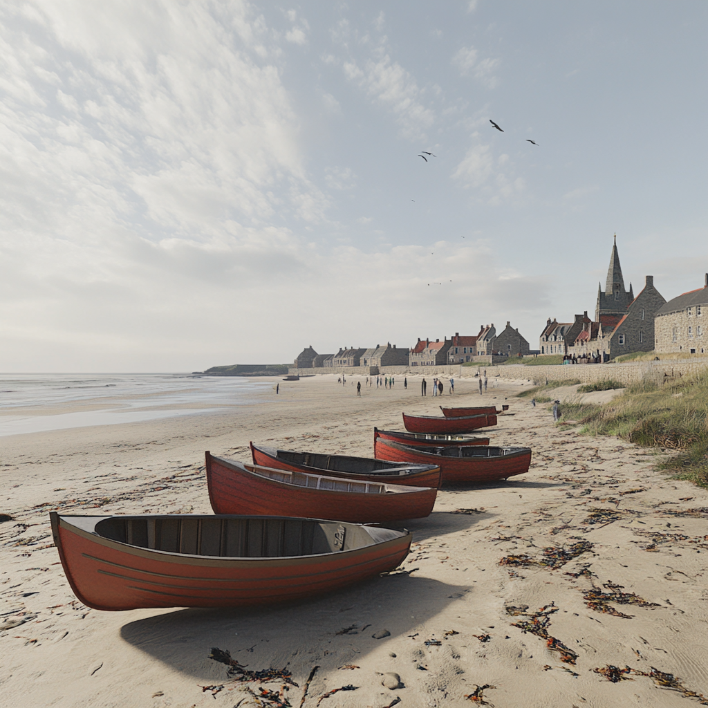 4K photo-realistic beach view with fishing village in England.