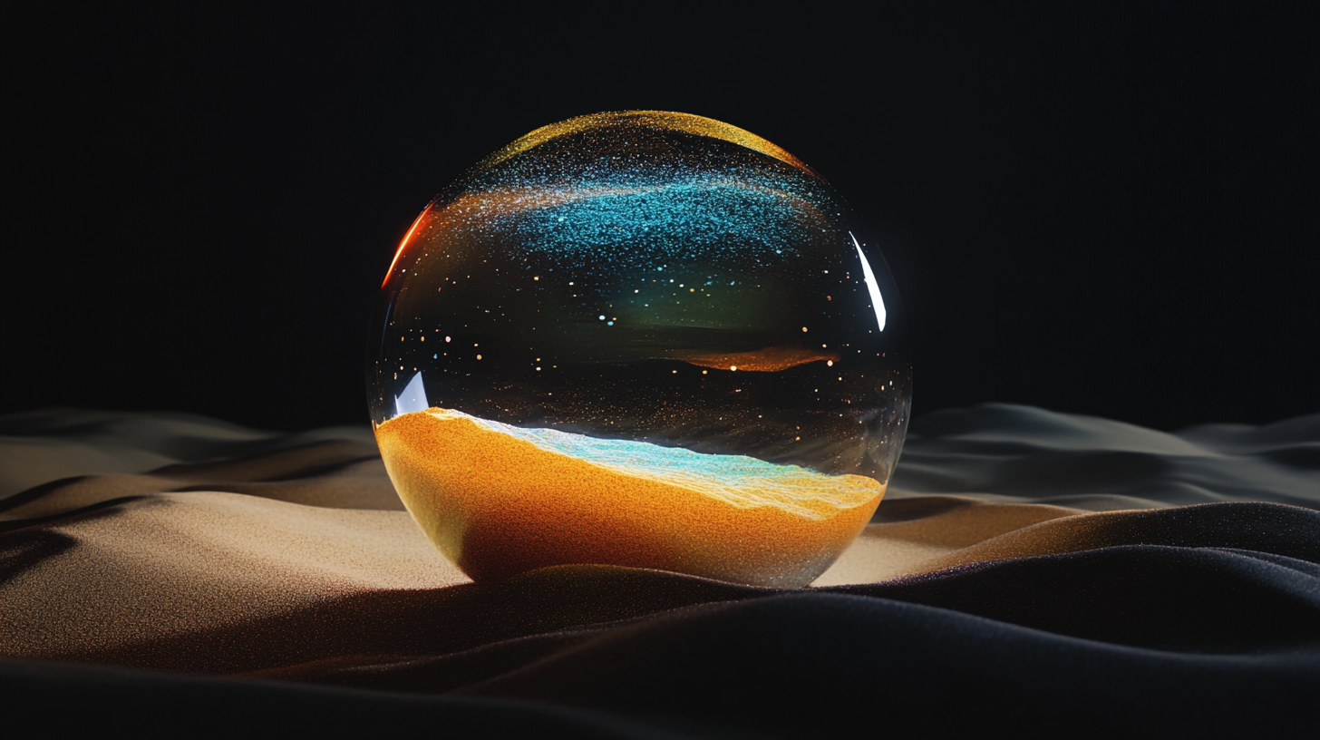 4k 3D glass object with colorful sand in air.