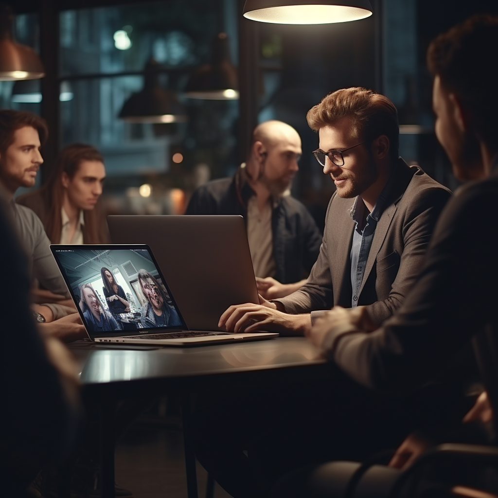 Men having a productive laptop webcam conference