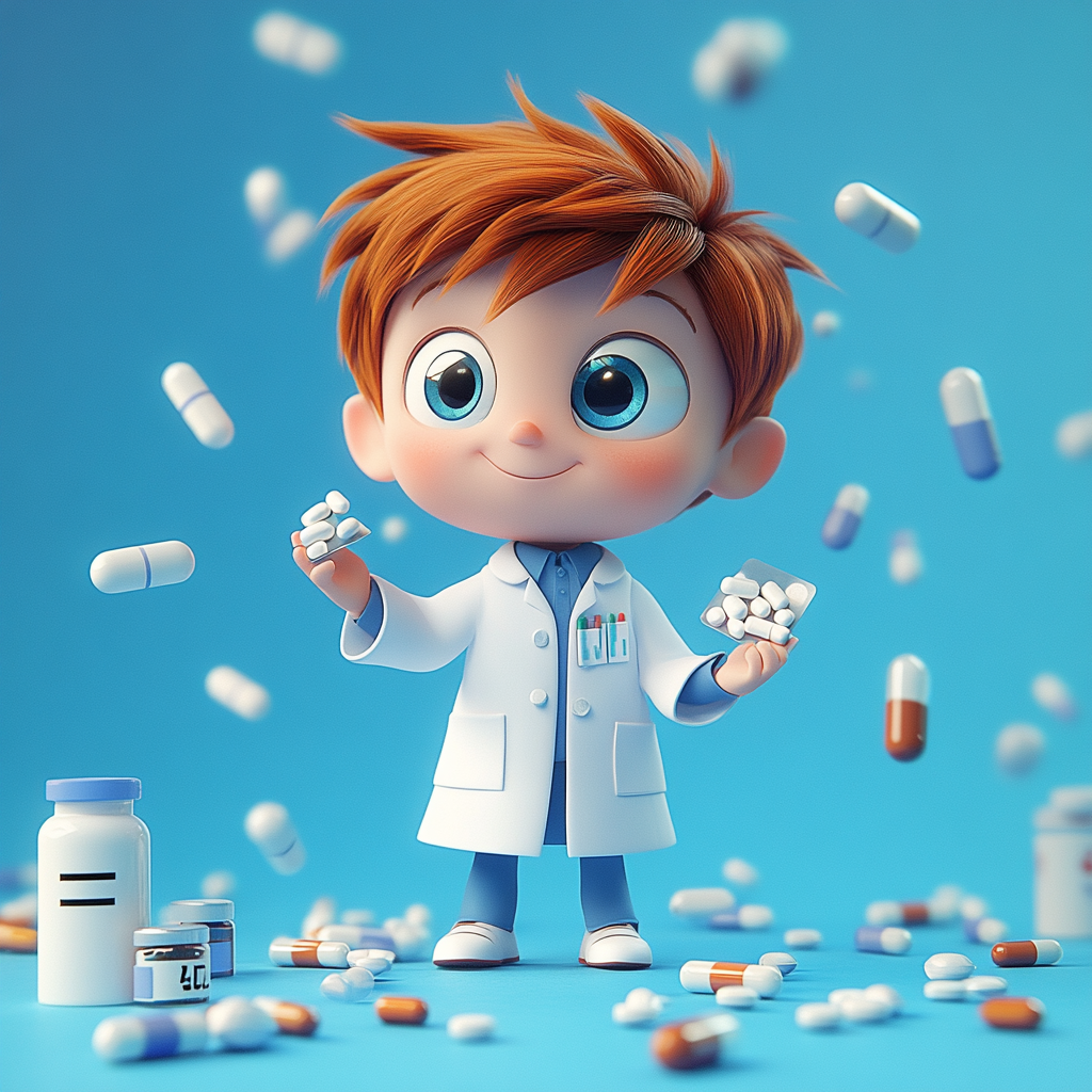 5-year-old boy in pharmacist outfit with pills.