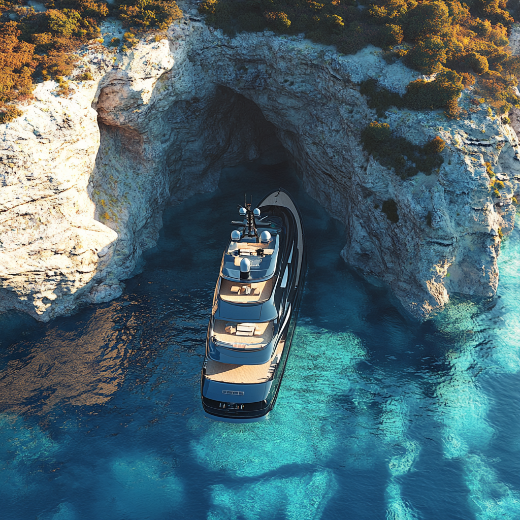 50 meters modern yacht mooring in Greek island bay.