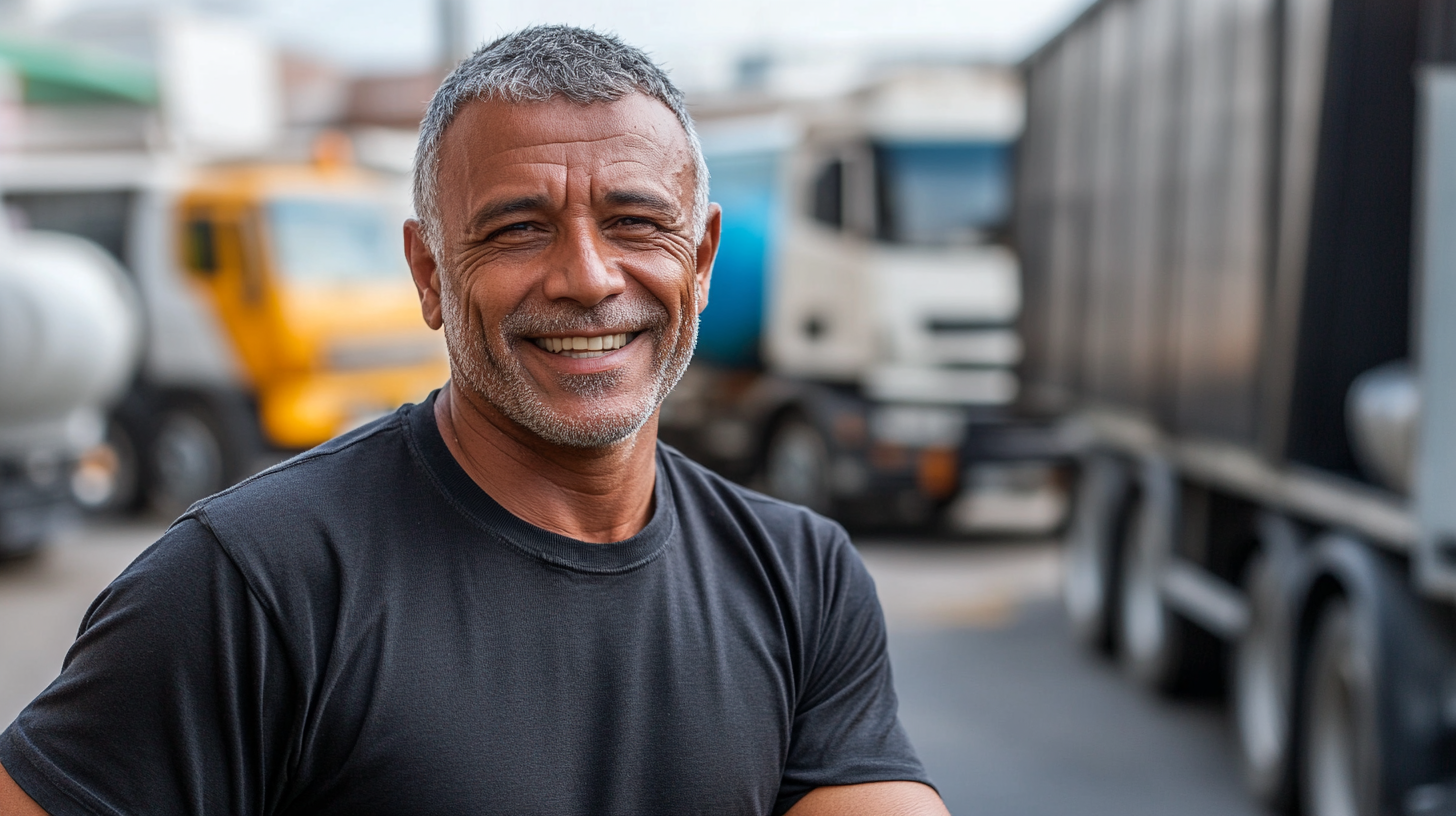 50-year-old Brazilian man smiles playing soccer, standing with trucks.