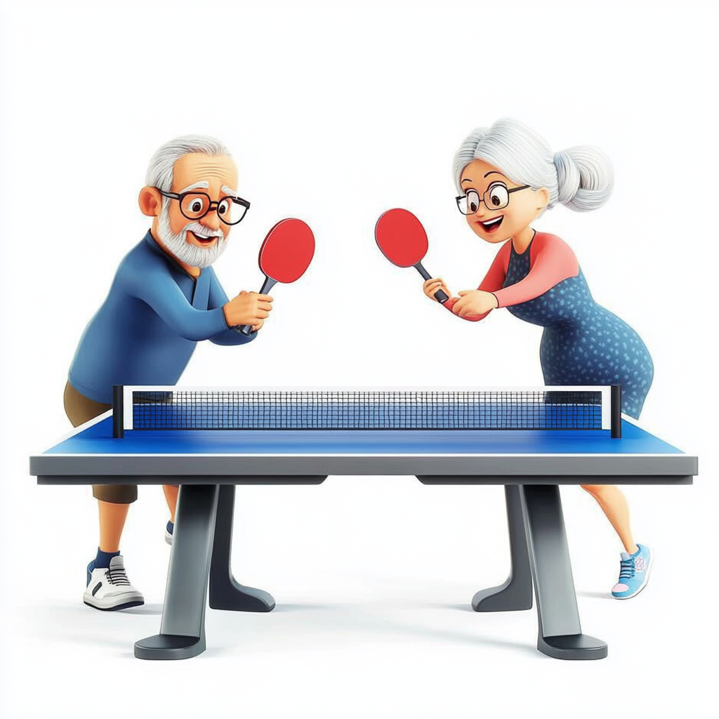 50-year-old couple playing animated ping pong