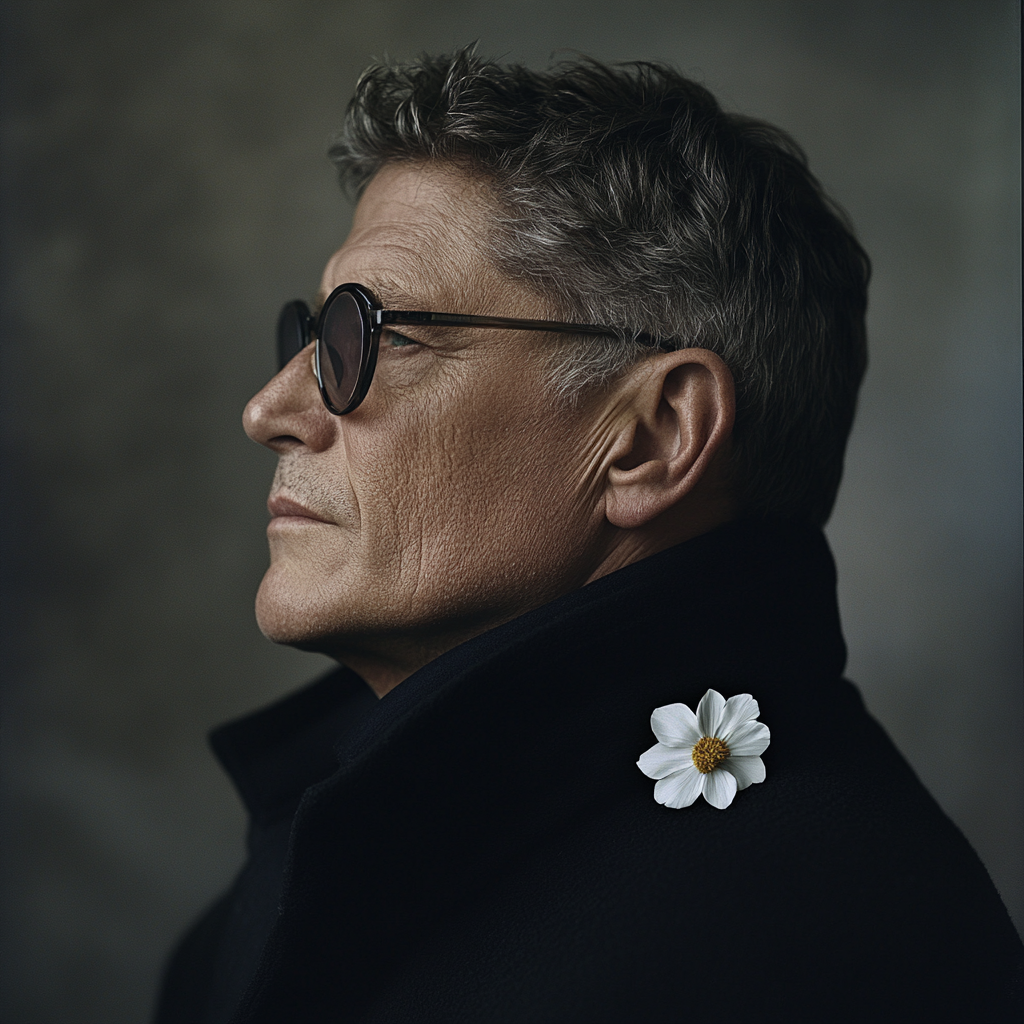 50-year-old man in profile with dark glasses and flower