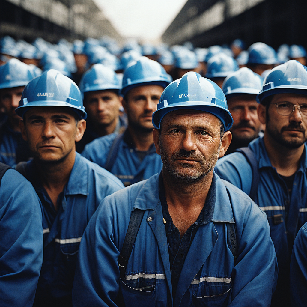 Image of 500 workers wearing blue overalls and white helmets in an industrial yard