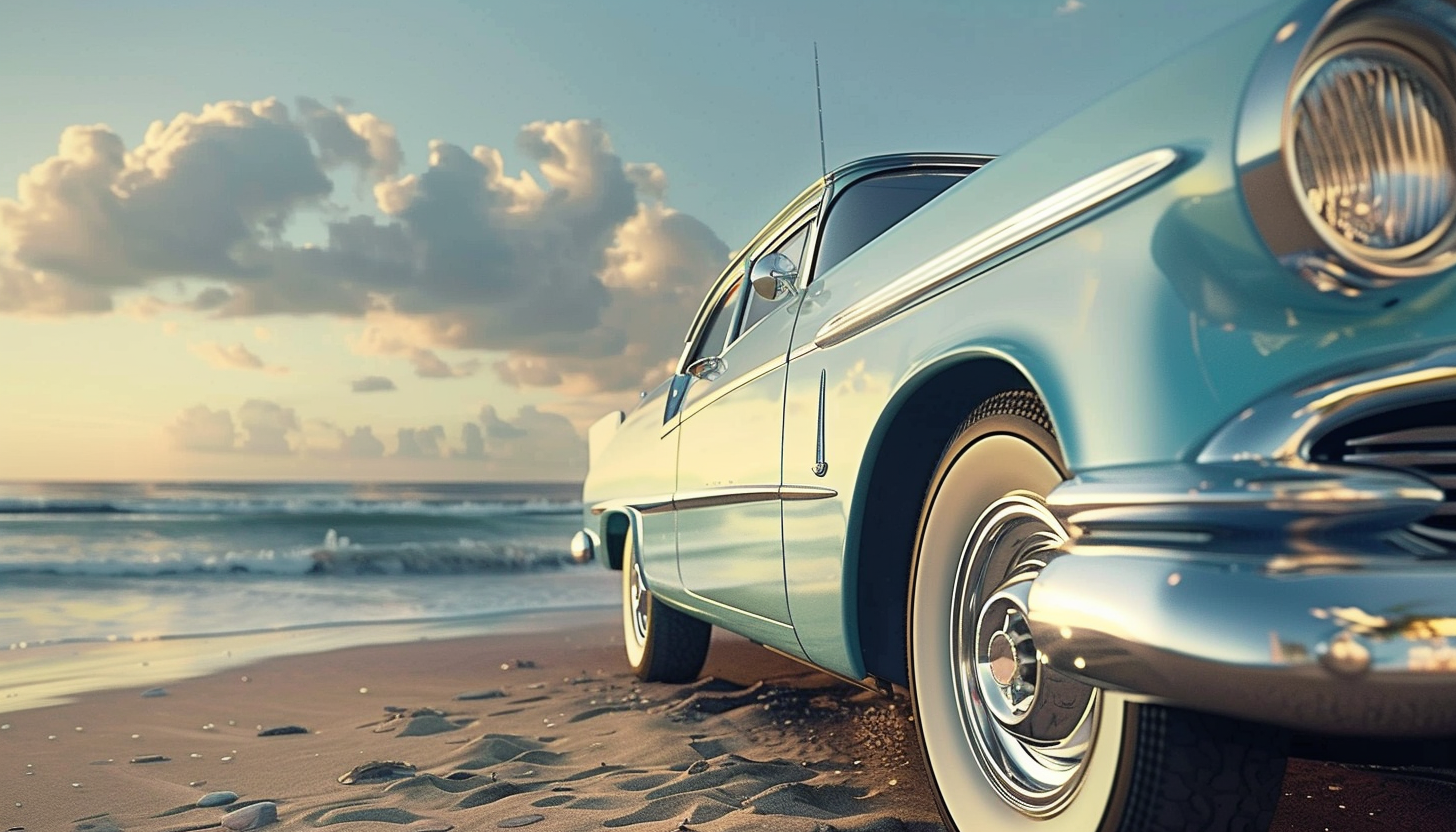 Vintage 50s car cruising on beach