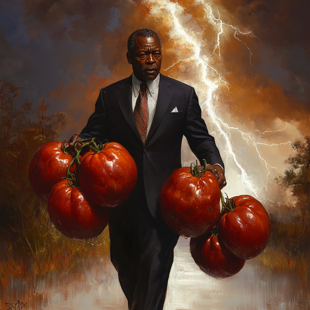 53-year-old black man in suit holds huge tomatoes. Lightning flashes. Wise, kind, badass.