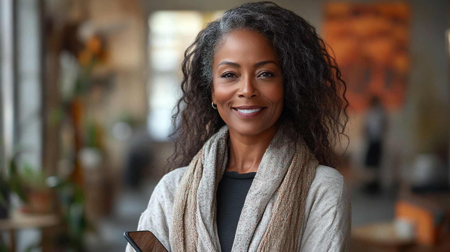 55 year old Black woman smiling with tablet phone.