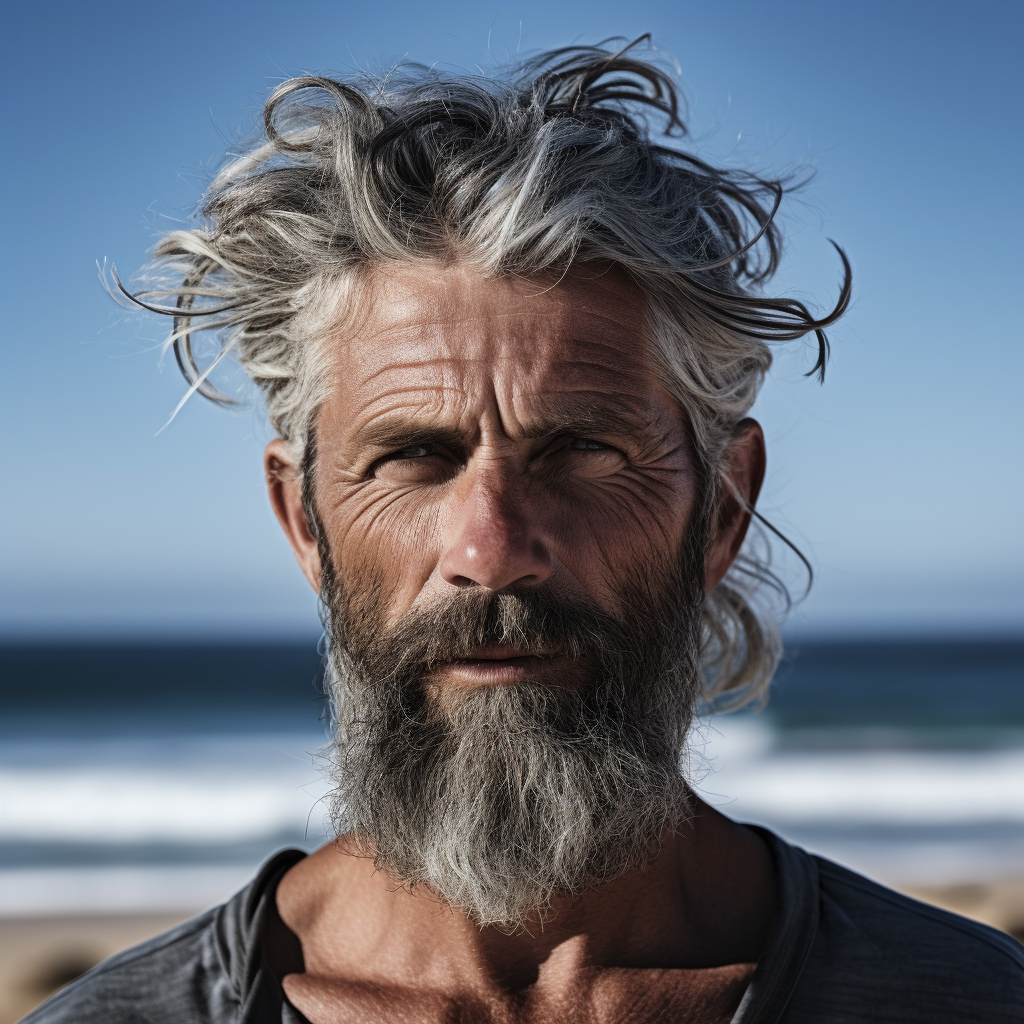 Mature man at beach with salt and pepper hair