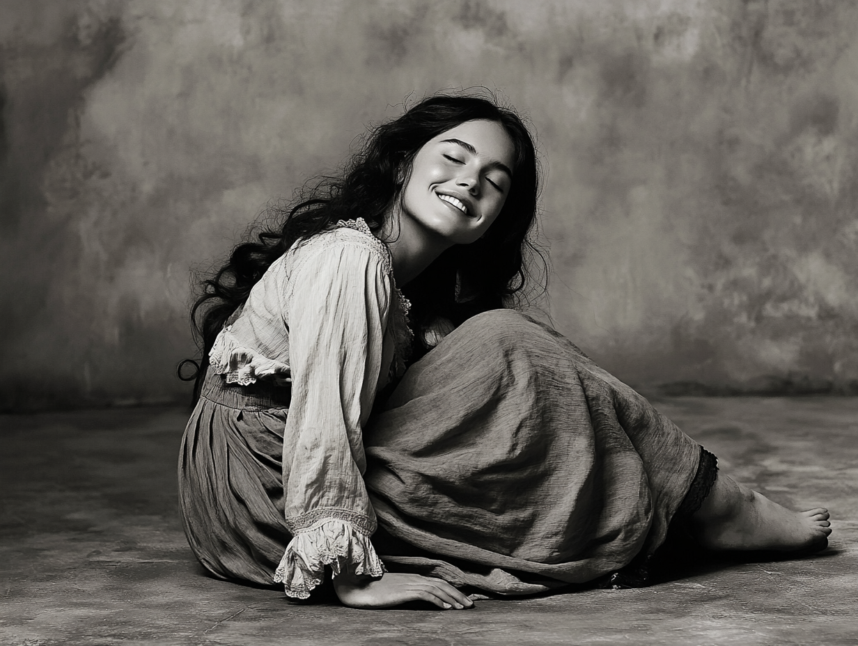 55 year old woman resembling Selena Gomez, in peasant attire, sitting on floor and smiling.