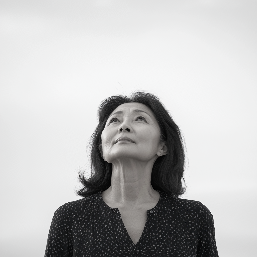 59-Year-Old Asian Woman in Black and White Portrait 