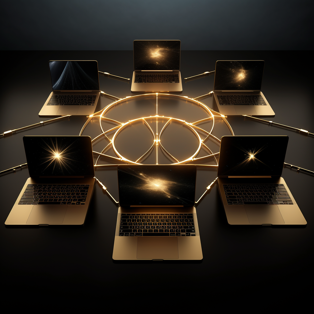 6 MacBook Pros in gold circle