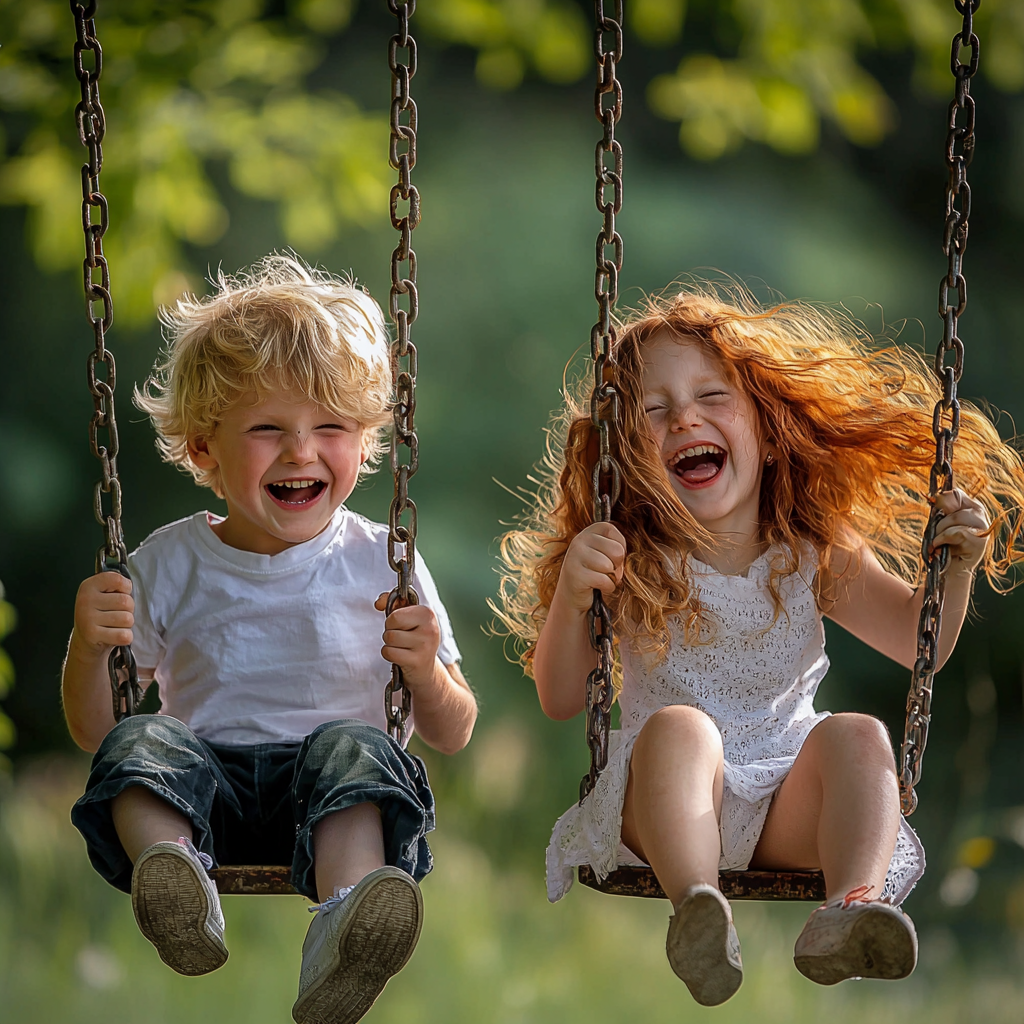 6-year-old boy swinging, girl laughing on swing, day