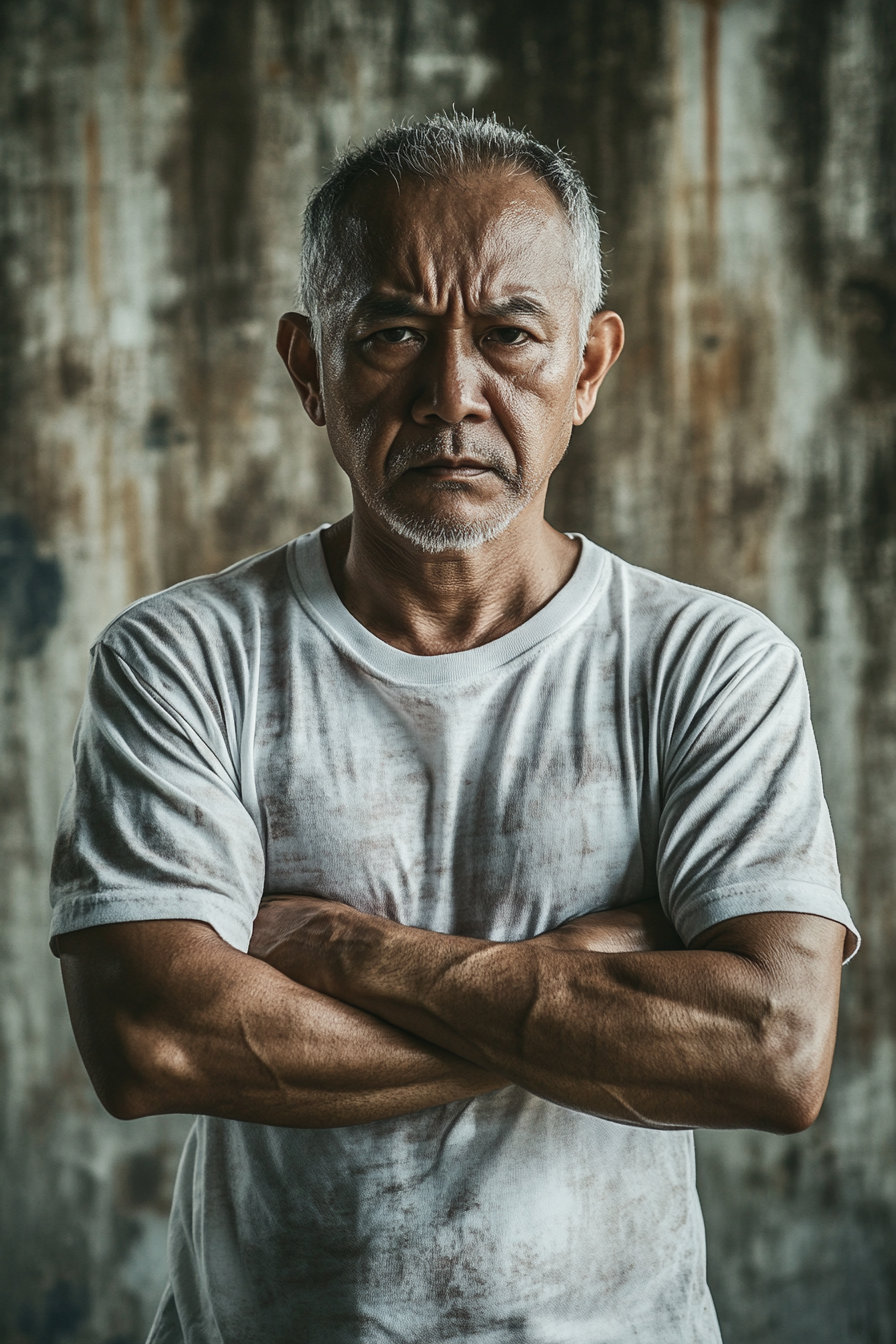 60-year-old Malay man with folded arms, determined expression.