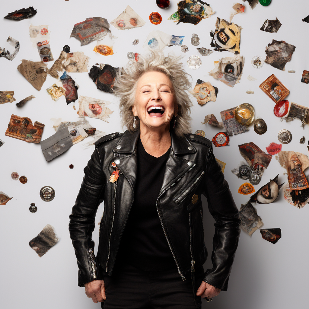 Elderly woman in leather jacket with memories