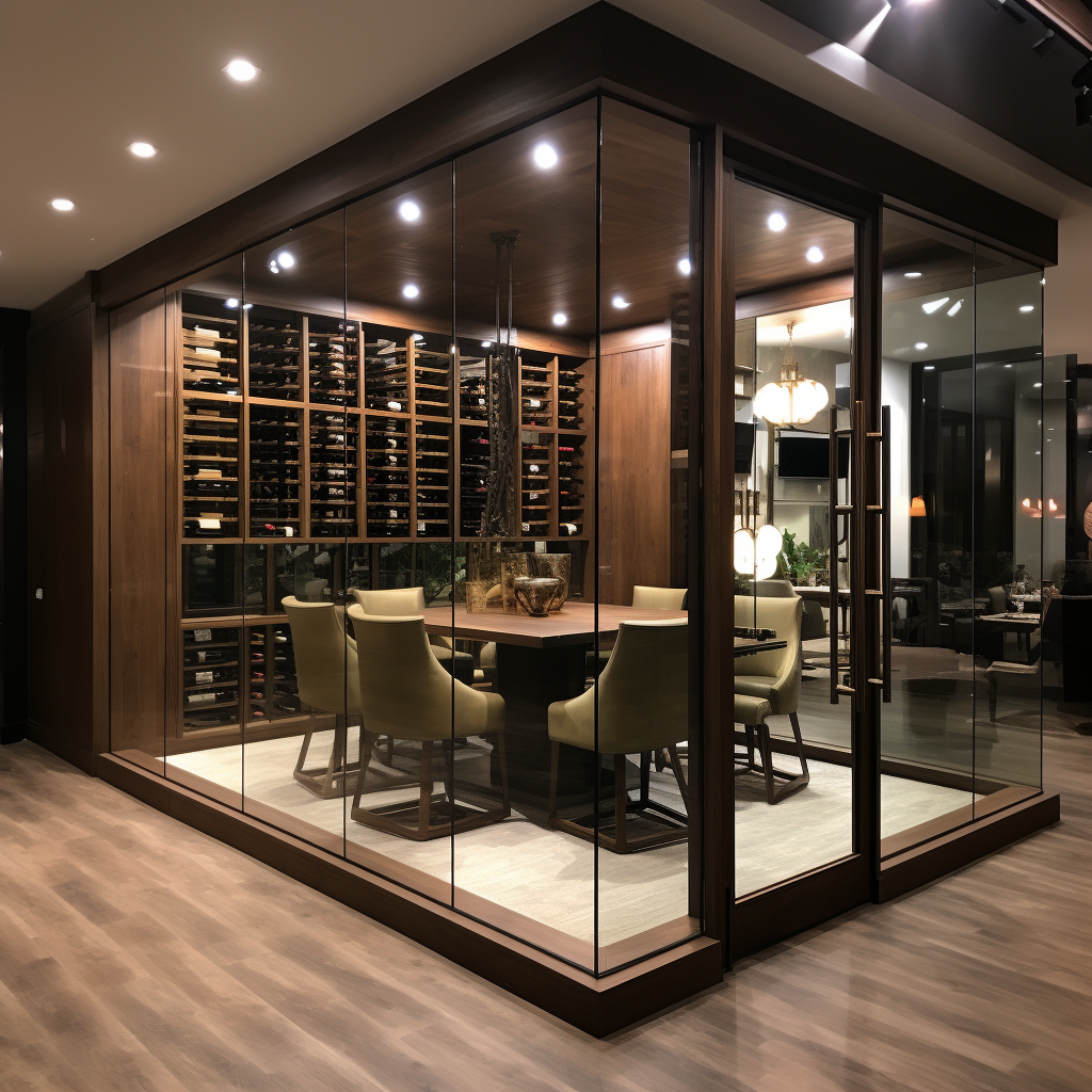 Glass Encased Wine Room with Wood Tones