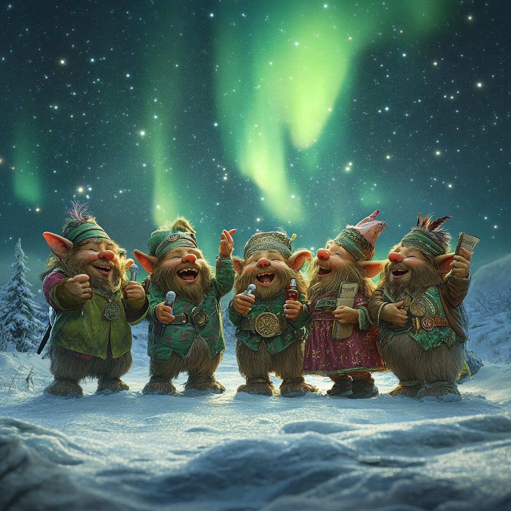 7 trolls singing in snow under northern lights, Iceland