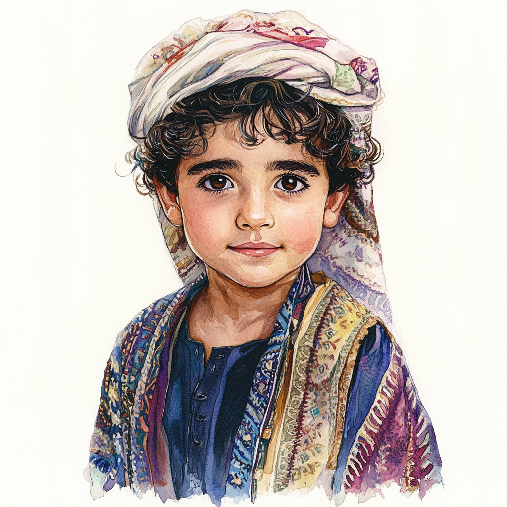 7-year-old Arab boy in thobe and keffiyeh, watercolor.