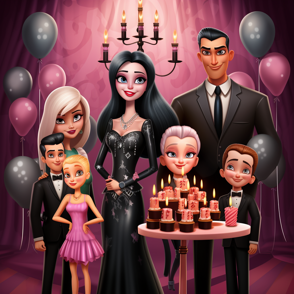 Vector art of 7-year-old birthday invitation with Addams Family as Barbie