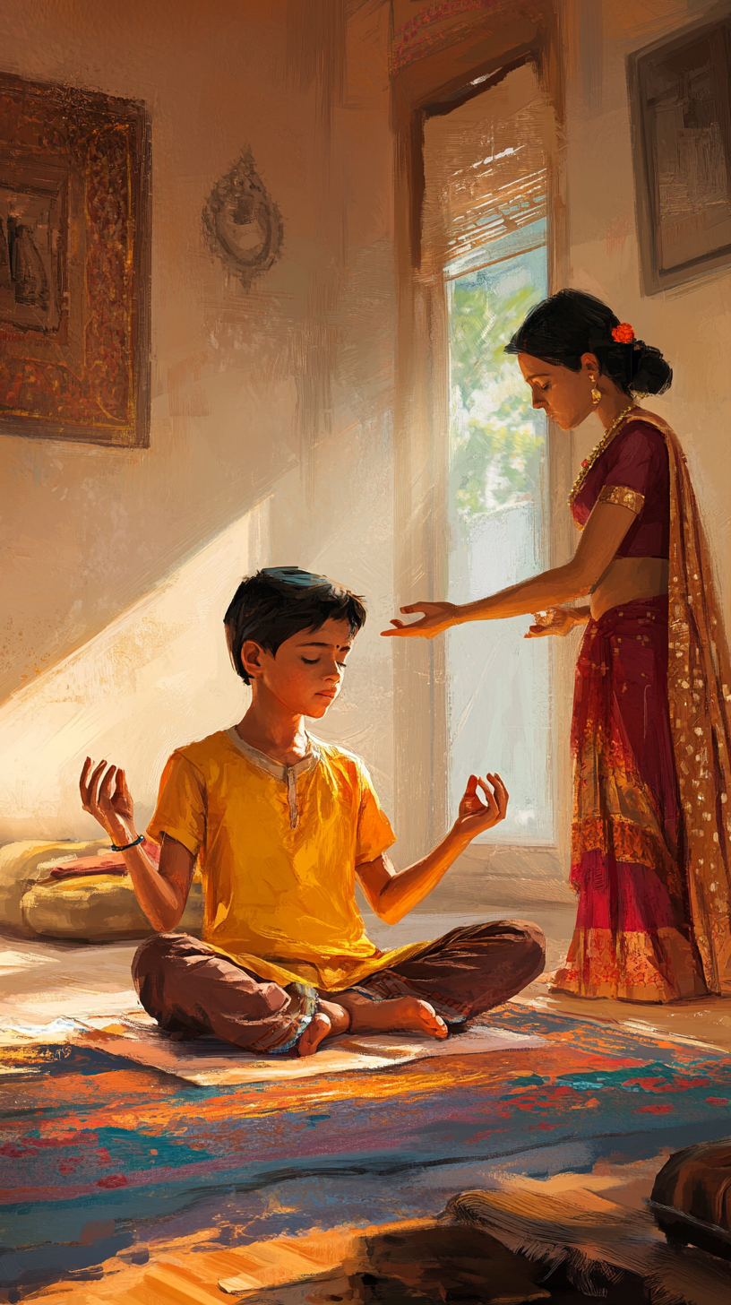 7 year old boy meditating gets scolded. Mother prepares to slap.