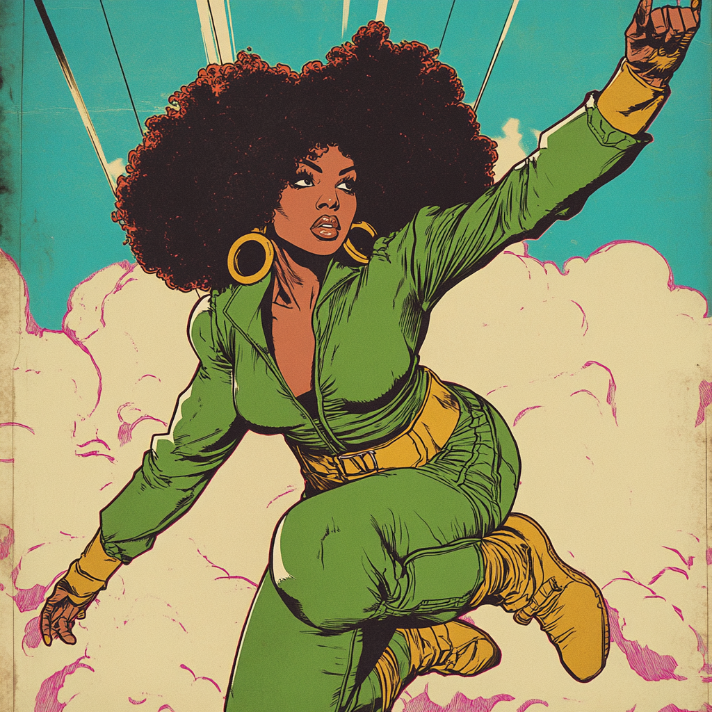 70s African American Superhero Woman in Green Jumpsuit