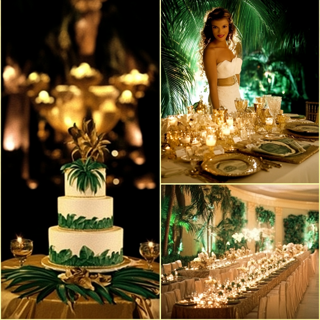 70s Miami Palm Royale party mood board: Classy, elegant, green & white, old world feel.