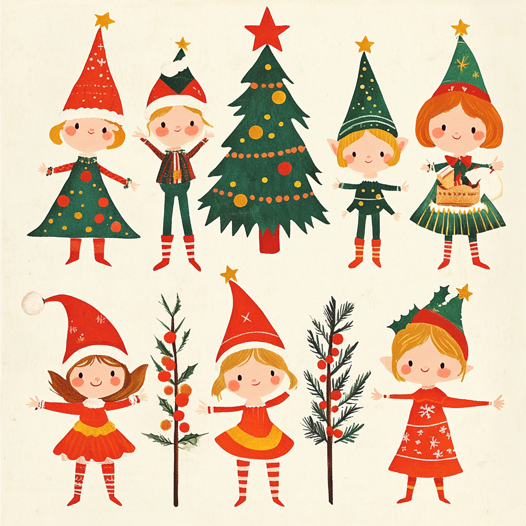 70s Retro Style Christmas Card Design with Elves