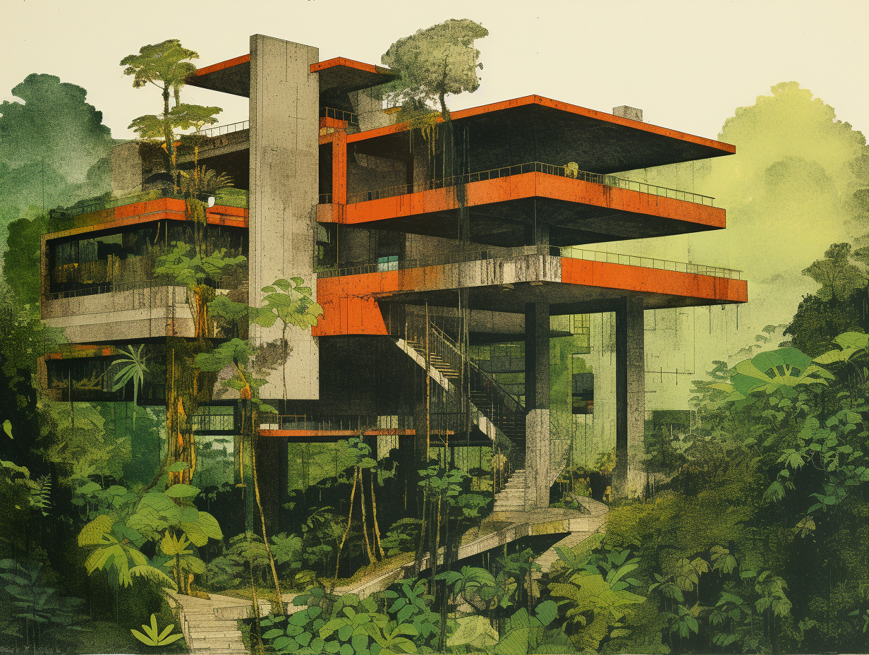 Grainy image of large brutalist building in rainforest