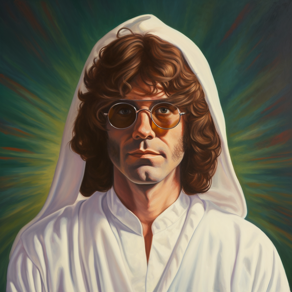 Hippie man with evil smile in white robes and sunglasses