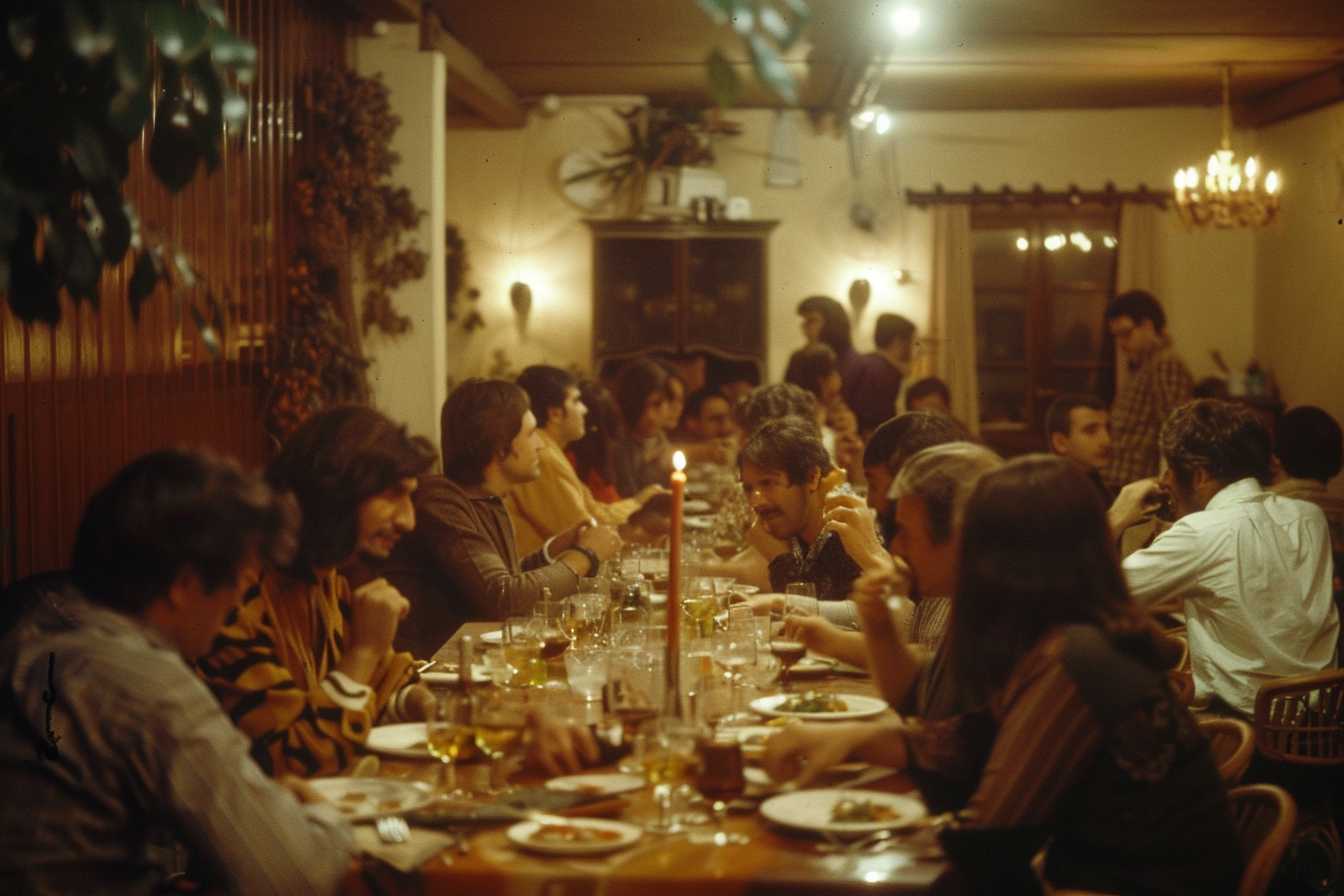 70s musicians enjoying meal together