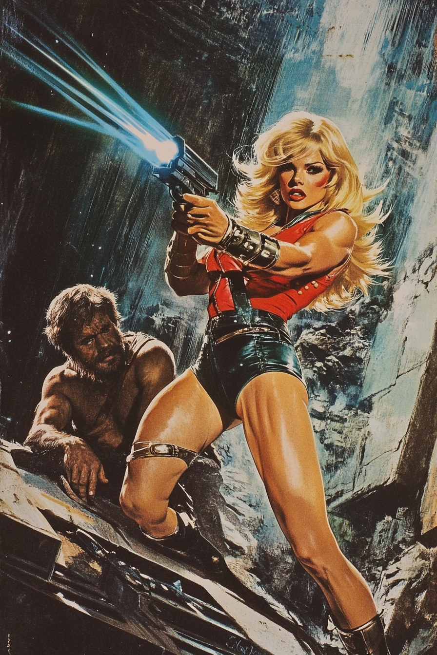 70s sci-fi book cover; Barbarella-esque heroine, laser gun.