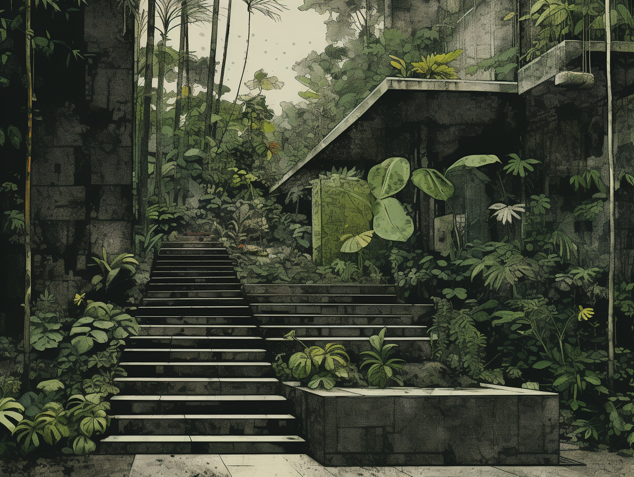 Concrete steps in rainforest with plants