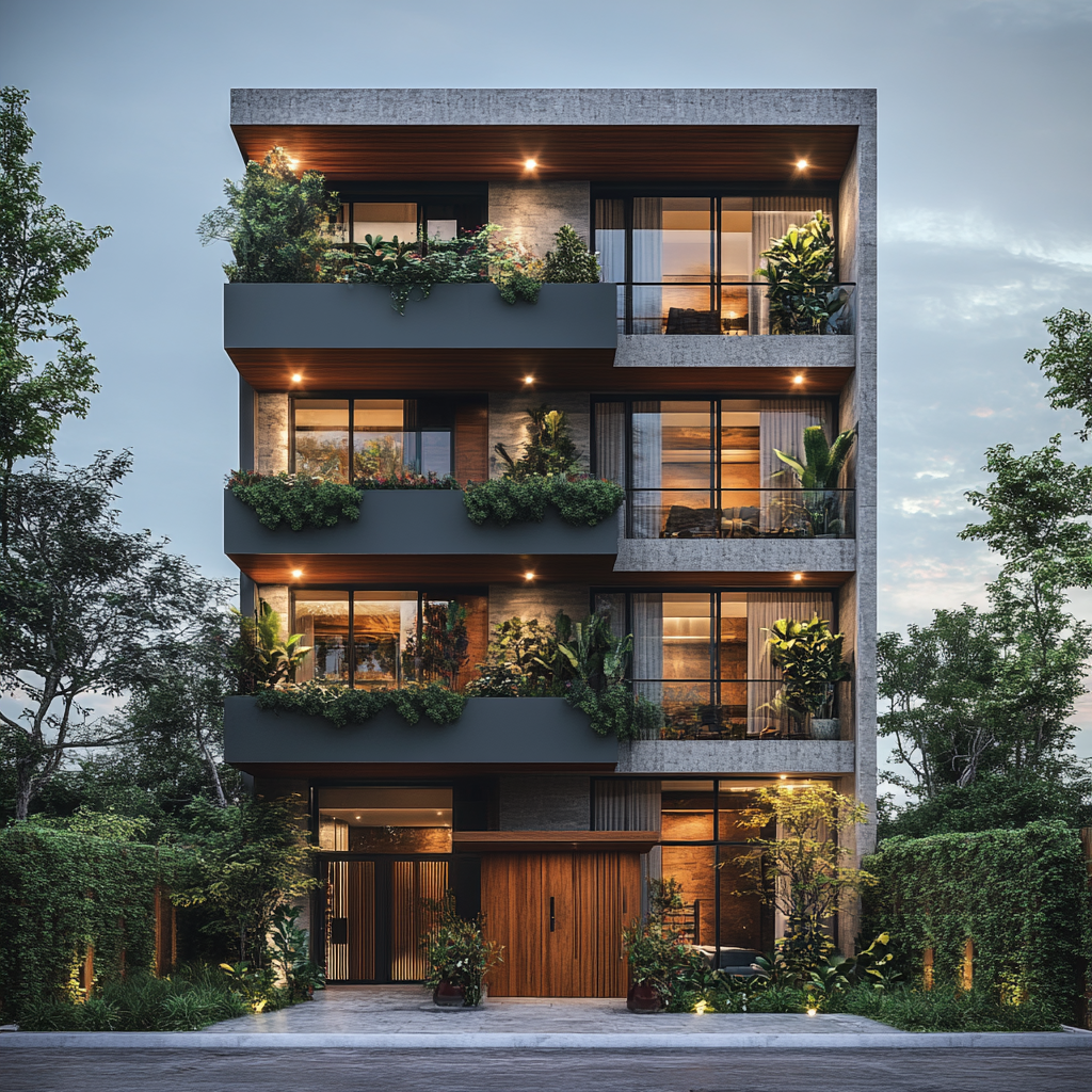 8 level contemporary building with plants and balconies.